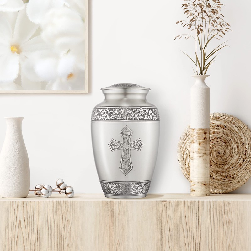 Reminded Adult Cremation Memorial Urn for Human Ashes, Pewter Etched