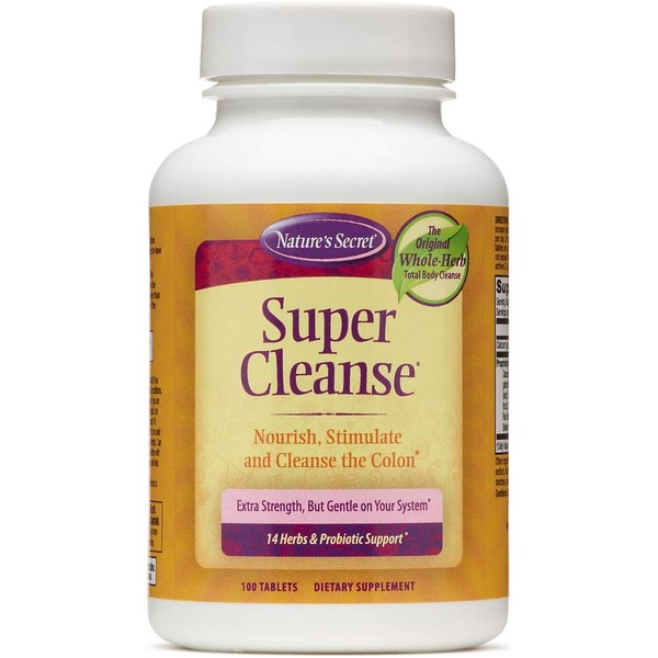 Nature's Secret Super Cleanse Extra Strength Toxin Detox & Gentle Elimination Total Body Cleanse, Digestive & Colon Health Support - Stimulating Blend of 14 Herbs with Probiotics - 100 Tablets