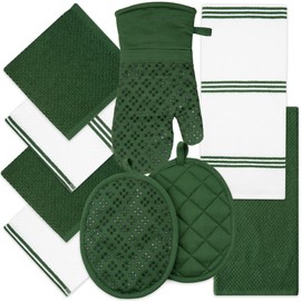 Kitchen Towels Dishcloths Oven Mitts and Pot Holders Set of 9, Oeko-Tex 100% Cotton Terry Dish Towels & Dish Cloths, Non-Slip Silicone, Dark Green