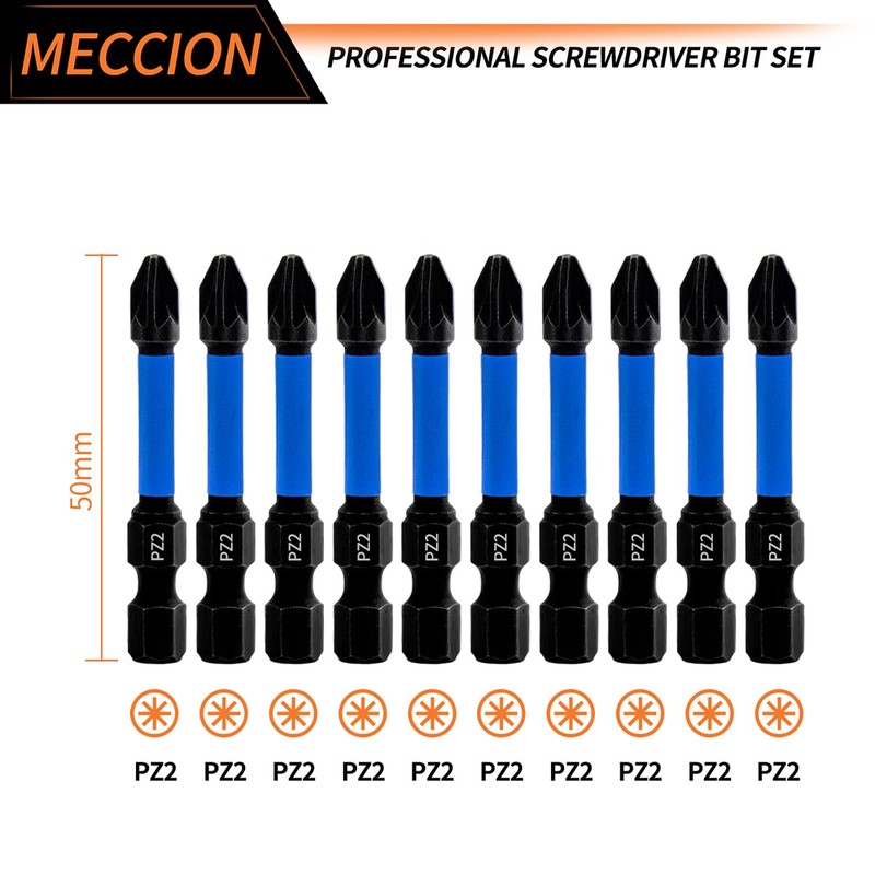 Meccion PZ2 Impact Driver Bits 50mm Length 10Pcs Professional Pozidriv