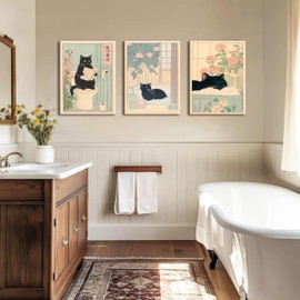 Funny Bathroom Wall Art Set of 3, Japanese Cute Black Cat Wall Decor Paintings, Rustic Animal Pictures Canvas Prints Home Decor for Bathroom Toilet, 12x16 inch Framed