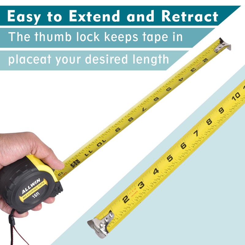 16ft Tape Measure with Fractions, 3/4" Wide Metal Blade, Compact