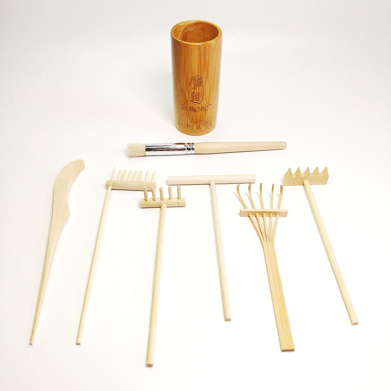 ZEN&TAO Natural Bamboo/Wood Made Miniature Six-Pieces Zen Garden Toolset Accessories