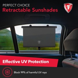 Firestone 2 Pack Retractable Automotive Sunshade Car Window Sunshades - Blocks 99% UV Rays, Lightweight & Compact Car Side Window Shade with Automatic Retract Button, Blocks Glare & Heat, Black