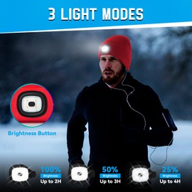 FFIPBGE Beanie Hats with Light, USB Rechargeable LED Hand Free Headlamp, Perfect Winter Gifts for Men, Women, and Teens, Ideal for Camping, Hiking, and Christmas Stocking Stuffers, 2 Pack, Red