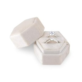AIEX - Caja de terciopelo para joyas, doble ranura hexagonal para compromiso, ceremonia, boda, día de San Valentín, 2 anillos (beige)