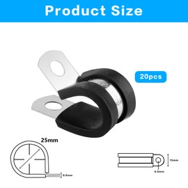 Stainless Steel Rubber Lined P Clips Assorted, 20 Pcs 25mm Hose Pipe Clamps, Hose Clips Conduit Clips, Rubber-Lined P-Clips Metal Wire Cable Clamps for Cable, Cord, Wire, Hose, Tube - 25mm