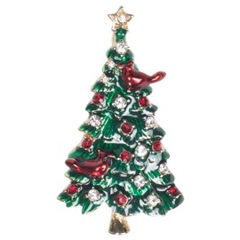 Festive Holiday Tree with Red Cardinal 2 inch Alloy Metal Brooch Pin with Card