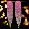 Pink Rhinestone Drop Earrings for Women Sparkly Long Tassel Earrings