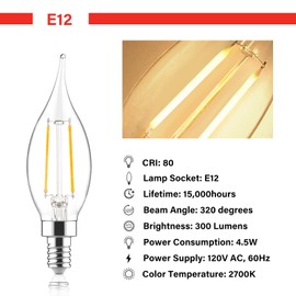 60W Equivalent Dimmable LED Chandelier Bulb - 4.5W 2700K Soft White Vintage Filament Candle Bulb, E12 Candelabra Base, 6 Pack