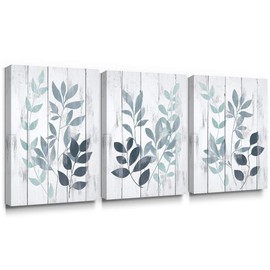 Takfot Blue Wall Art Rustic Canvas Paintings Vintage Leaf Art Prints Botanical Pictures Farmhouse Leaves Artwork Home Decor Stretched and Wrapped for Bathroom Living Room 12x16 Inch, 3 Panels