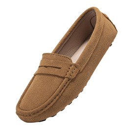 BEAUSEEN Women Suede Leather Penny Loafer Casual Slip-on Comfort Driving Moccasins Tan, 8 US