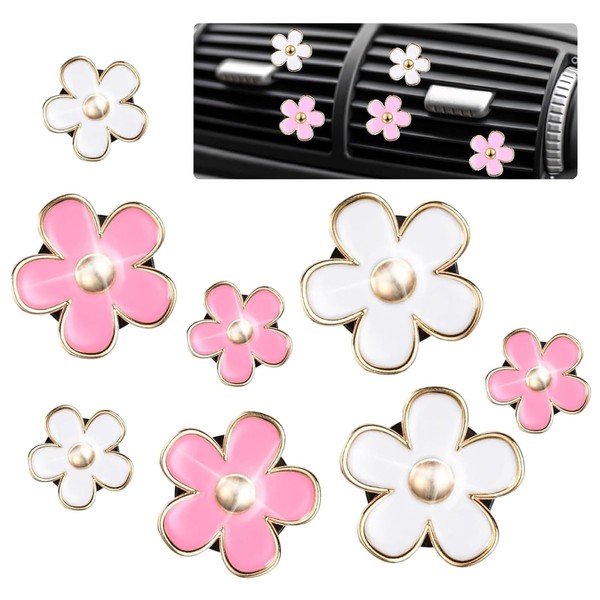 YBVZRP Car Interior Decoration, 8-Piece Set, Four Pink and White Daisies, 1.75, 2.3, 2.9, 3.2 cm, Decorated with Various Cars and Air Conditioners