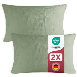 Blumtal Muslin Cushion Cover 40 x 80 cm Set of 2 – Oeko-Tex Certified Muslin Pillow 40 x 80 cm Cover 100% Cotton – Soft Cushion Set Washable at 40 °C – Breathable Summer Pillowcases Summer Green