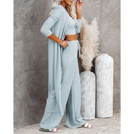 Fessceruna Womens 3 Piece Lounge Sets Pajamas Knit Long Sleeve Cardigan Crop Top Wide Leg Pants Loungewear Set