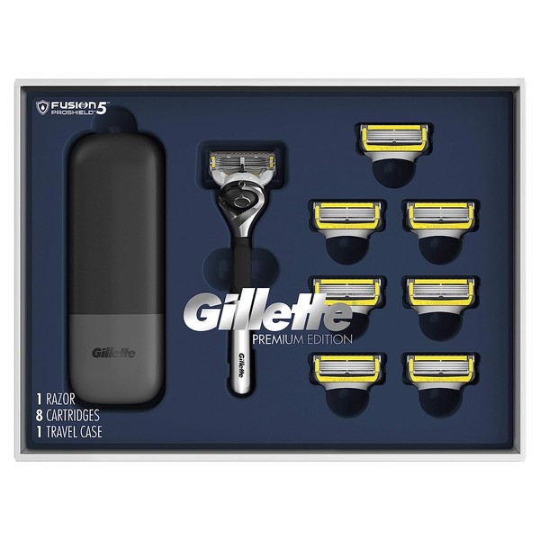 Gillette ProGlide Shield Premium Edition Razors for Men, 1 Gillette Razor, 8 ProShield Razor Blade Refills, 1 Travel Case