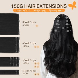 DOORES Clip in Hair Extensions Real Human Hair, Jet Black 150g 9pcs 16 Inch, Remy Hair Extensions Clip in Human Hair Hair Extensions Real Human Hair Straight Thick Extensions Human Hair Natural
