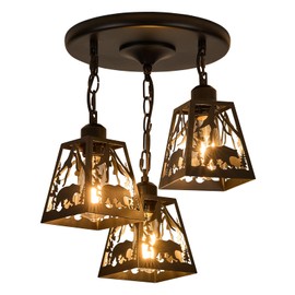 ZGYLIN Farmhouse Rustic Ceiling Light Fixture,Black Metal Cage Pendant Lights Kitchen Island with Bear,Industrial Hanging Pendant Lighting for Dining Room Bedroom Entryway Hallway Foyer