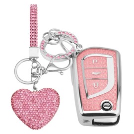 Vicoca for Toyota 3 Buttons key fob cover with Diamond Heart Keychain, Car Accessories TPU for Fortuner Tundra Camry RAV4 Highlander Corolla Smart Key, Silver Pink