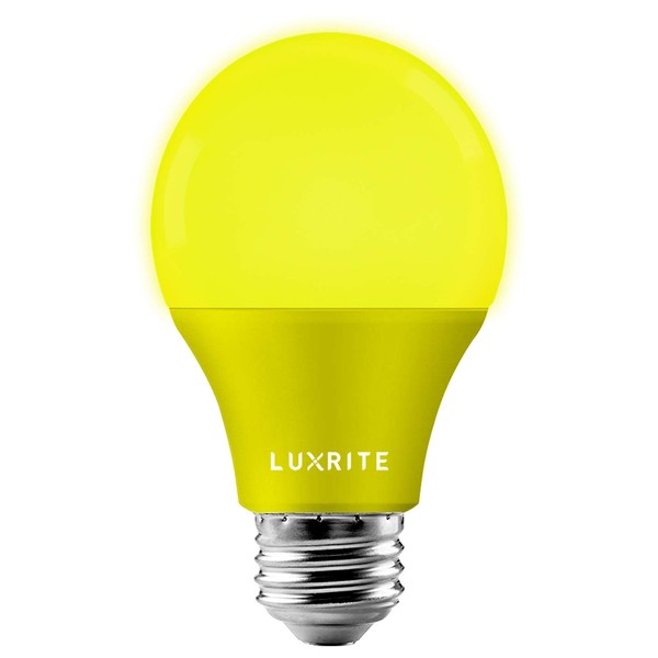 LUXRITE A19 Yellow LED Bug Light Bulbs, 60W Equivalent, Non-Dimmable, UL Listed, E26 Standard Base, Indoor Outdoor, Porch, Deck, Patio, Backyard, Front Door, Home Lighting
