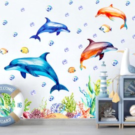 Ocean Animal Wall Decals Under The Sea Fish Wall Stickers Large Dolphin Wall Decals Underwater Bubble Seaweed Wall Stickers Big Dolphin Wall Stickers for Bathroom Kids Bedroom Nursery