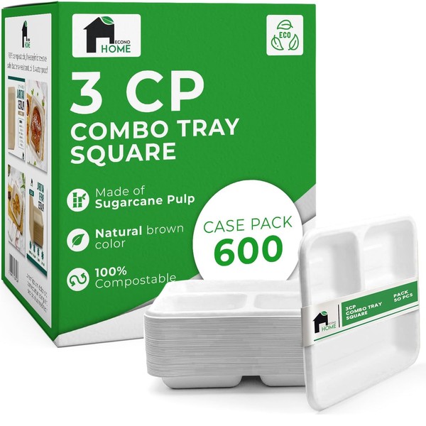 EconoHome Disposable Plates with 3 Compartments - Eco-Conscious Bagasse Sugarcane