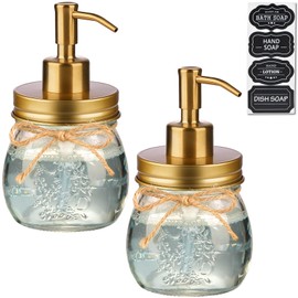 Amolliar 10 OZ Mason Jar Liquid Soap Dispenser, Stainless Steel Pump Lid, Cute Farmhouse Decor for Kitchen, Bathroom, Refillable Hand Soap Dispenser, Lotion Soap Dispenser, Dish Soap, Golden 2 Pack