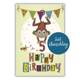bsb Children's Birthday Card - Loving Card for 5th Birthday with Monkey - Birthday Card Girl & Boy with Envelope - Birthday Card - Happy Birthday Card in 11.5 x 17.0 cm