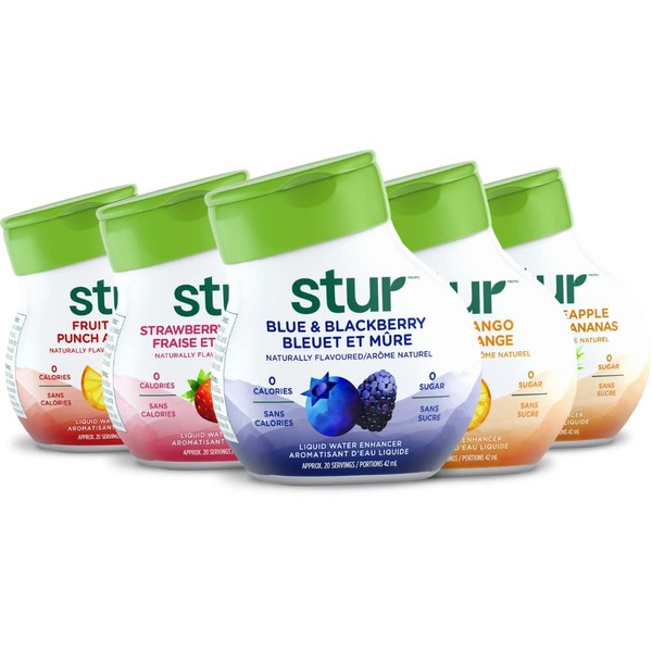 Stur Drinks - Variety Pack, Natural Flavored Water Enhancer, 5 Bottles, Makes 100 Beverages, Sugar Free, Zero Calorie, Fruit Flavored Liquid Drink Mix with Stevia and Healthy Antioxidants