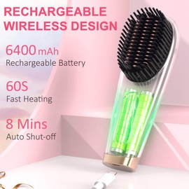 Rychi Cordless Hair Straightener Brush, 6400 mAh Rechargeable Hair Straightener Brush for Women, Lightweight, LCD Display (Pink)