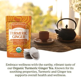 Starwest Botanicals Organic Turmeric Ginger Tea - Caffeine Free Herbal Tea with Turmeric, Cinnamon, & Ginger, Tea with Antioxidant Properties, String Free Sachets, Non GMO - Bulk Pack, 100 Tea Bags