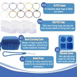 xcivi Hard Carrying Case, Silicone Skin Cover for YOTO Mini Audio Player, with Card Holder for Yoto Card, Designed for Yoto Cards Rings and Tabs 260PCS Self Adhesive Tabs with 10 Loops (Blue)