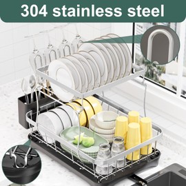 LIYI Dish Drying Rack,Large Dish Rack for Kitchen Counter,2-Tier Dish Racks with draining Tray,Detachable Capacity Dish Drainer Organizer,Black