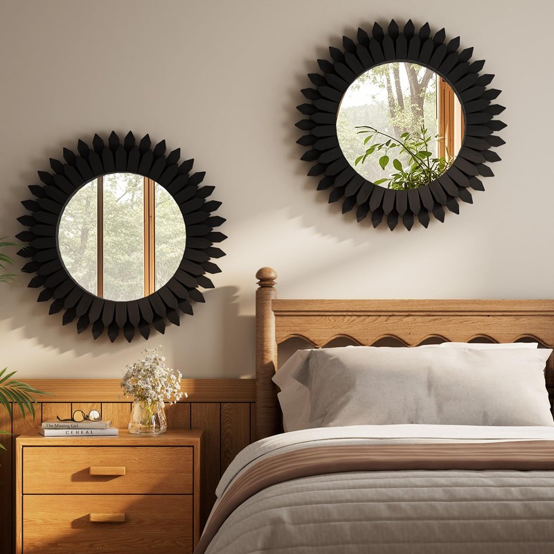 VETROVUE 24 Inch Black Boho Wall Decor Sunburst Mirror -