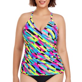 RELLECIGA Women's Neon Striped Retro V Neckline Ruched Tankini Top Size Medium