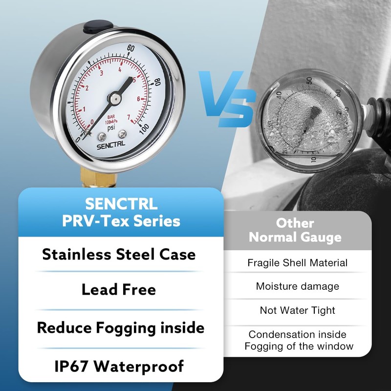 SENCTRL 100 Psi Lead-Free Pressure Gauge, 2" Dial, 1/4 NPT