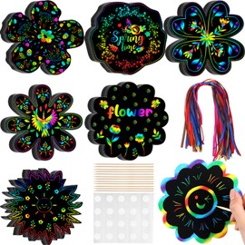 Hungdao 60 Pcs Flowers Scratch Cards Rainbow Summer Scratch Paper for Kids Rainbow Flower Crafts with Bamboo Stylus and Ribbon for Home Classroom School DIY (Flower)