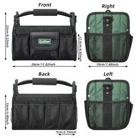 Guliter 11 Inch Small Tool Bag, Open Top Tool Tote with Stainless Steel Handle and Adjustable Shoulder Strap,21 Pockets Electrician Tool Bags,Black/Green