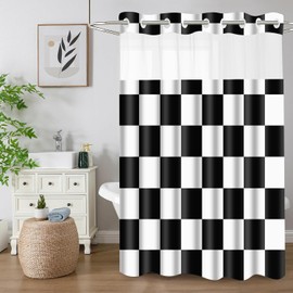 Black and White Checkered No Hook Shower Curtain Modern Aesthetic College Style Buffalo Plaid Checkerboard Block Print Hookless Shower Curtain Set for Hotel Bathroom Shower Room 71x74 Inches