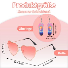 2 Piece Hawaii Outfit Women's Set, 1 Pair of Earrings for Women and 1 Piece Heart Sunglasses, Jewellery for Girls for Summer Parties and Everyday Life, for Hawaiian Costume Tropical Luau Party