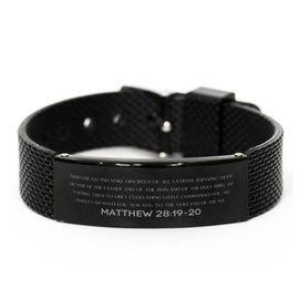 Matthew 28:19-20 Christian Black Shark Mesh Bracelet Gifts, Faith Message Prayer Matthew 28:19-20 Religious Bracelets for Women Men Matthew 28:19-20 Bible Verse Inspirational Mantra Adjustable