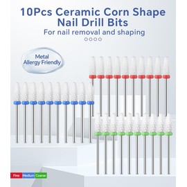Rolabling 10Pcs Ceramic Nail Drill Bits Set Corn Shape 3/32'' Shank for Gel Acrylic Nails Professional Manicure Pedicure Bits for Cuticle Removal Nail Polishing Electric Nail File Accessories (Fine)