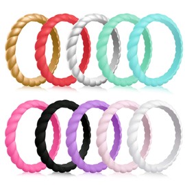 MOKANI Silicone Wedding Ring for Women, 10-Pack Thin and Braided Rubber Band, Fashion, Colorful, Comfortable fit, Skin Safe, Size 7