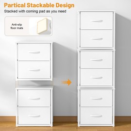 DAOUTIME 2-Pack Stackable Storage Drawers (4 Drawers Total), White Closet Organizer with Wooden Top & Metal Frame, Freestanding or Stackable Dresser for Bedroom, Living Room, Under Bed