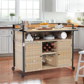 YITAHOME XL Outdoor Kitchen Wicker Island Rolling Cart Bar Table & Storage Cabinet, Wheels and Plastic Wood Extended Table Top, Double Handle for Patio Kitchen or Bar Cart,Light Yellow Gradient