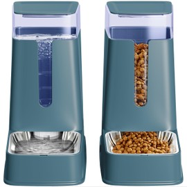 Cat Food Dispenser and Cat Water Dispenser Set with Stainless Steel Bowls Gravity Dog Feeder for Small Medium Big Cat Dog Pet Puppy Kitten, 1 Gallon x 2