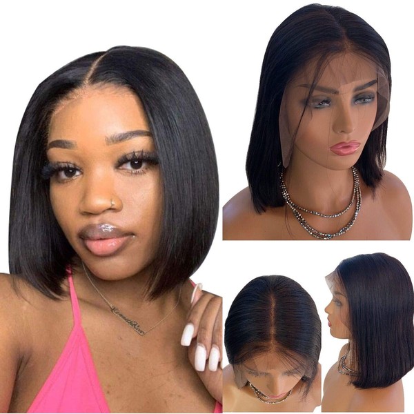 Human Hair Long Wigs Lace Front Wig 16 inch 1b Black Bleached Knots Pre Plucked with Baby Hair 13x6 Middle/Free Part 150% Density Thick and Bouncy