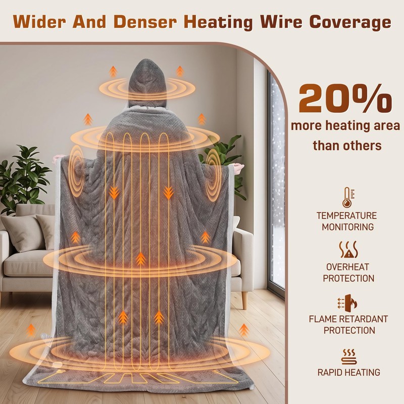 Wearable Heated Blanket with Foot Pocket, Detachable Hood, 8 Heat