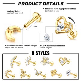 Sanfenly 9Pcs 16G Cartilage Earrings for Women Stud Earrings Set Tragus Helix Conch Earrings Internally Threaded Labret Cubic Zirconia Earrings Butterfly Moon Gold Silver Earrings Piercing for Women