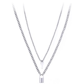 Ofeiyaa Lock Key Pendant Necklace Egirl Chains Lock Chain Necklace Statement Long Chain Punk Multilayer Choker for Women Men